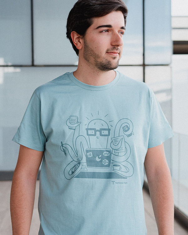 Men's blue t-shirt with multitasking octopus